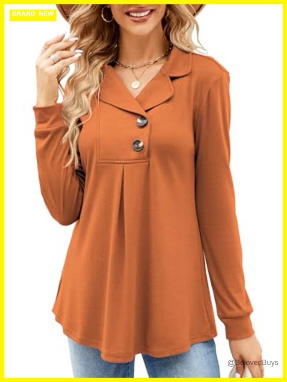 Womens Long Sleeve Tunic Top Notch Collar Button Pullover Sweatshirt